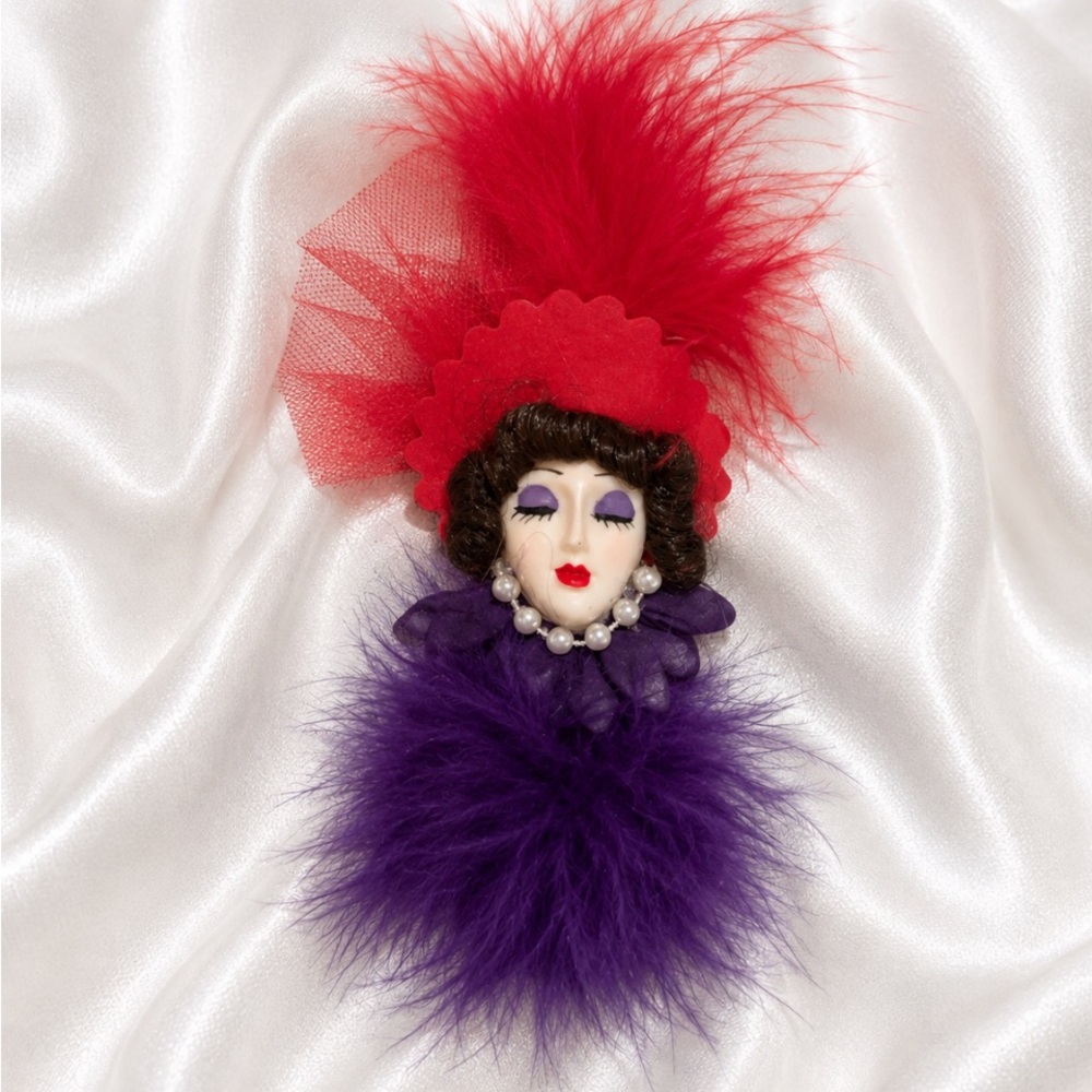 RED HAT SOCIETY Red & Purple Feather Doll Porcelain Face Brooch